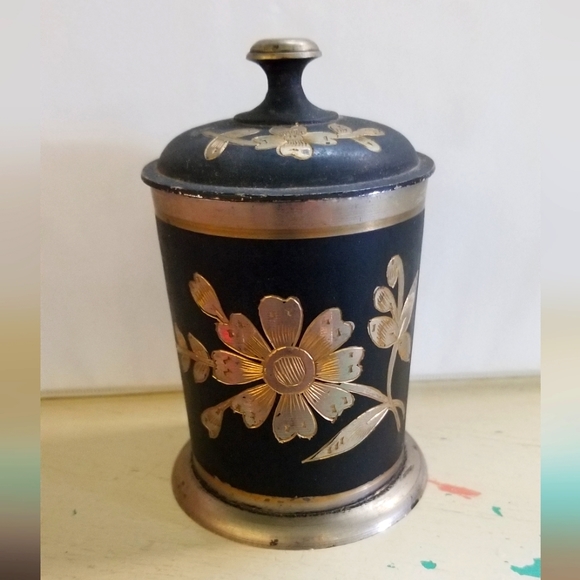 Vintage Etched Black and Brass Cigarette Canister and Matching 2 Small Pitchers - Picture 1 of 2